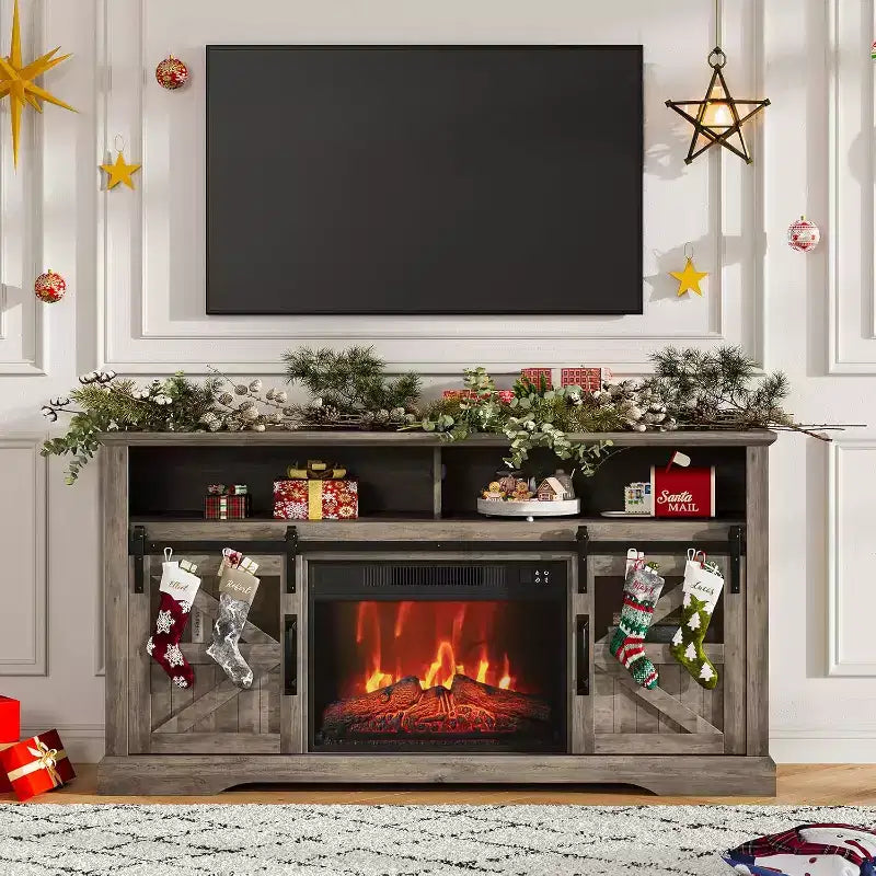 Meuble TV de ferme pour téléviseurs de 65 pouces, meuble de divertissement avec éclairage d'ambiance, meuble de rangement à portes coulissantes avec étagères réglables