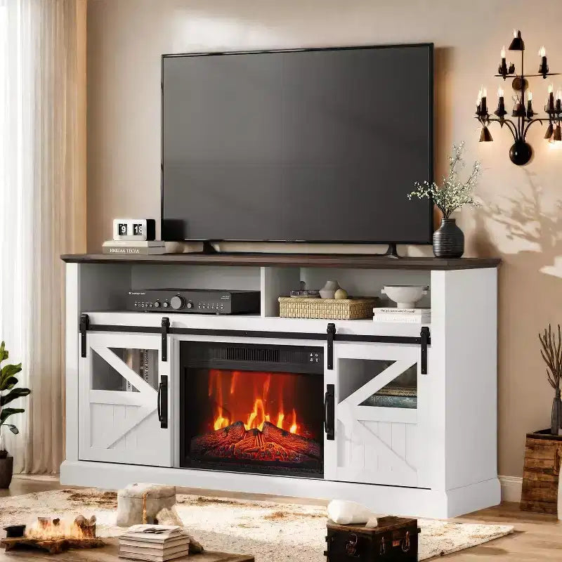 Meuble TV de ferme pour téléviseurs de 65 pouces, meuble de divertissement avec éclairage d'ambiance, meuble de rangement à portes coulissantes avec étagères réglables
