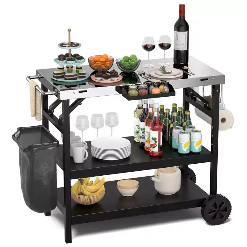 Costway Outdoor Food Prep Cart Table 3-tier Mobile Serving Trolley with Adjustable Shelf Phone Stand Spice Rack Towel Rack Garage Rack