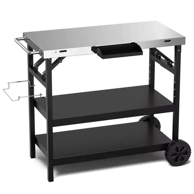 Table de préparation alimentaire d'extérieur Chariot de service mobile à 3 niveaux avec étagère réglable Support de téléphone Porte-épices Porte-serviettes Étagère de garage