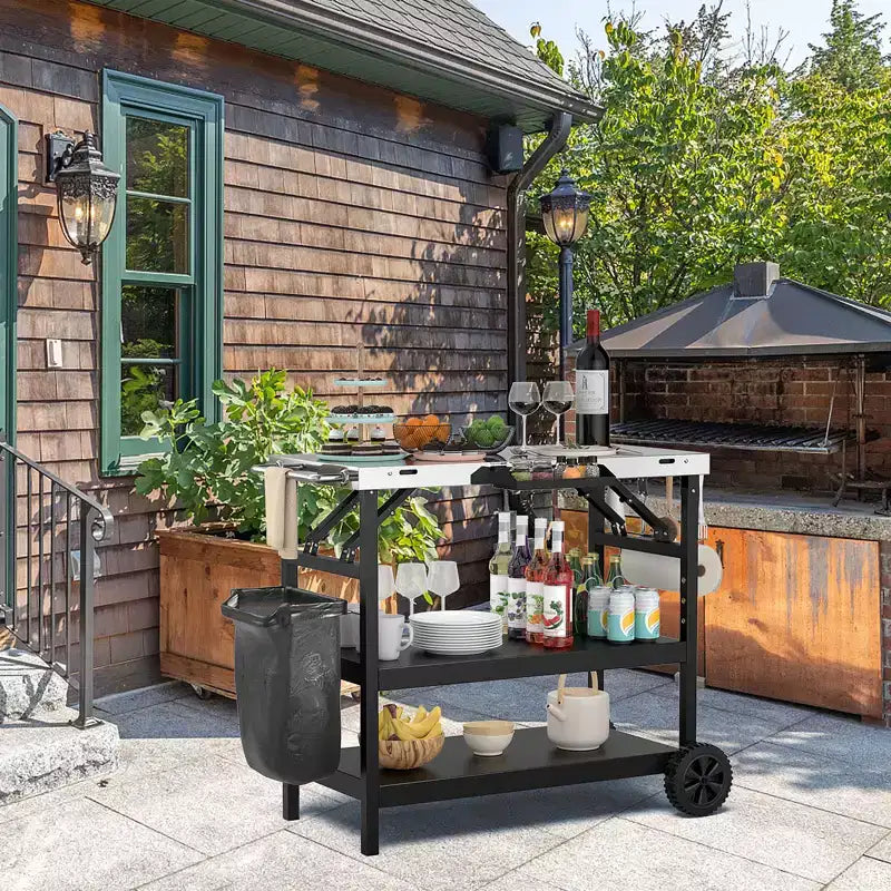 Table de préparation alimentaire d'extérieur Chariot de service mobile à 3 niveaux avec étagère réglable Support de téléphone Porte-épices Porte-serviettes Étagère de garage