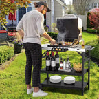 Table de préparation alimentaire d'extérieur Chariot de service mobile à 3 niveaux avec étagère réglable Support de téléphone Porte-épices Porte-serviettes Étagère de garage