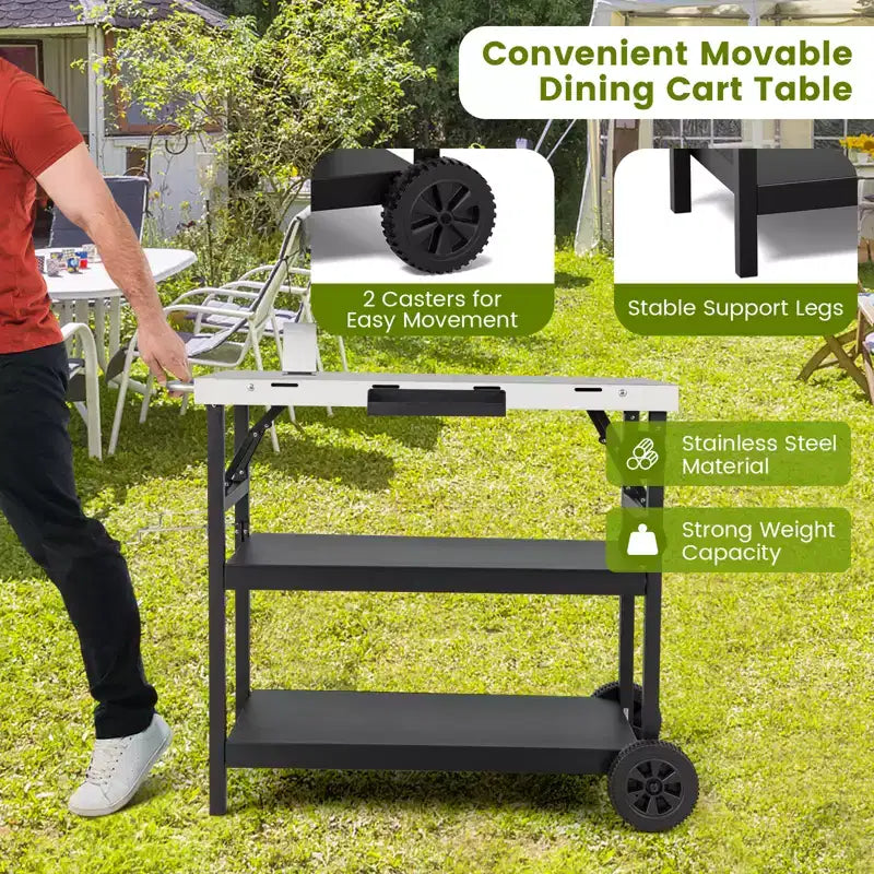 Table de préparation alimentaire d'extérieur Chariot de service mobile à 3 niveaux avec étagère réglable Support de téléphone Porte-épices Porte-serviettes Étagère de garage