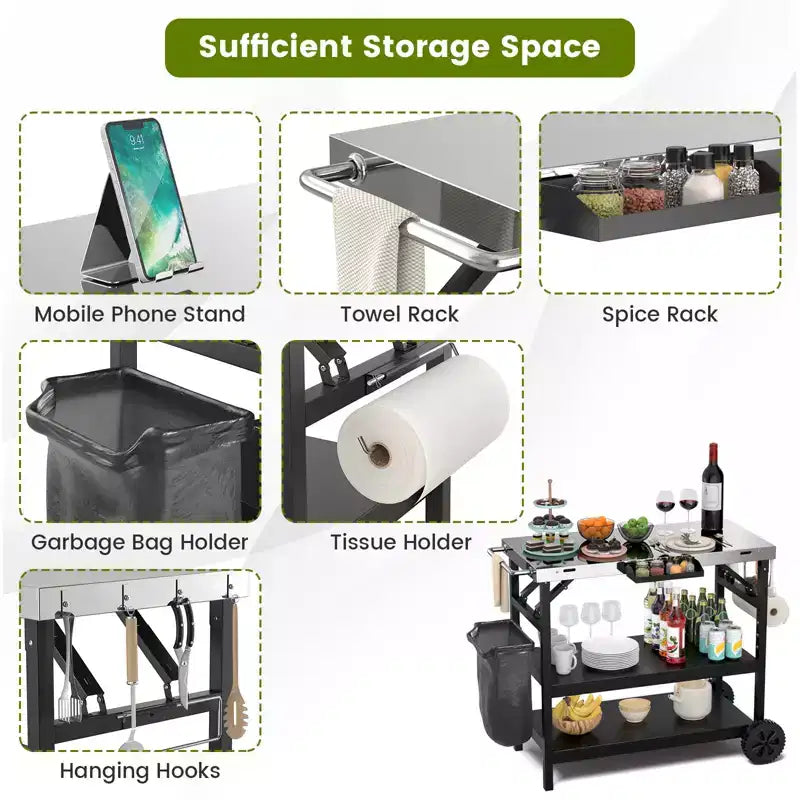 Table de préparation alimentaire d'extérieur Chariot de service mobile à 3 niveaux avec étagère réglable Support de téléphone Porte-épices Porte-serviettes Étagère de garage