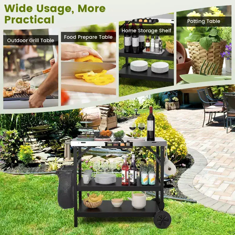 Table de préparation alimentaire d'extérieur Chariot de service mobile à 3 niveaux avec étagère réglable Support de téléphone Porte-épices Porte-serviettes Étagère de garage
