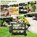 Table de préparation alimentaire d'extérieur Chariot de service mobile à 3 niveaux avec étagère réglable Support de téléphone Porte-épices Porte-serviettes Étagère de garage