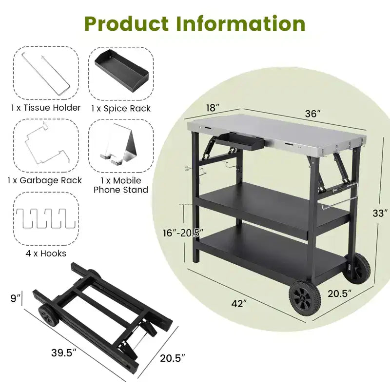 Table de préparation alimentaire d'extérieur Chariot de service mobile à 3 niveaux avec étagère réglable Support de téléphone Porte-épices Porte-serviettes Étagère de garage