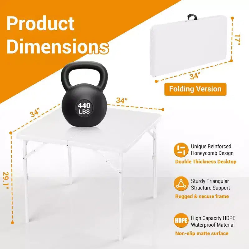 Table pliante de 86,4 cm, table pliante carrée portable, table de salle à manger multifonctionnelle en plastique, convient pour le camping, les fêtes de bureau, blanche