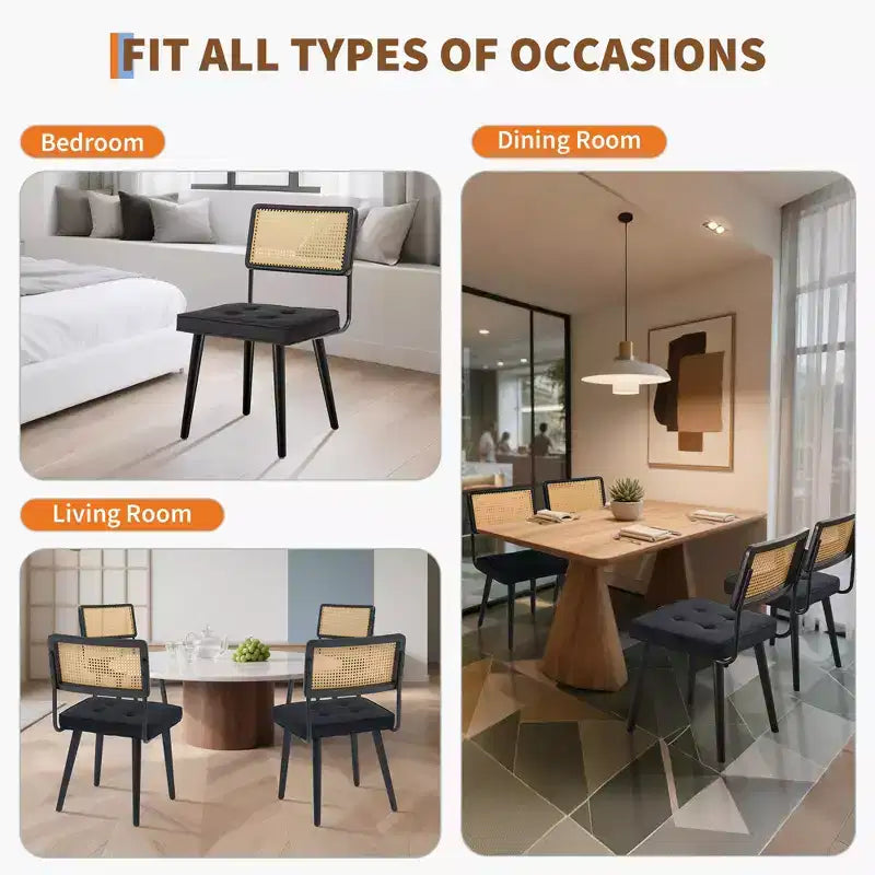 Chaises de salle à manger modernes avec dossier en rotin naturel tressé à la main et assise rembourrée, parfaites pour la cuisine et la salle à manger