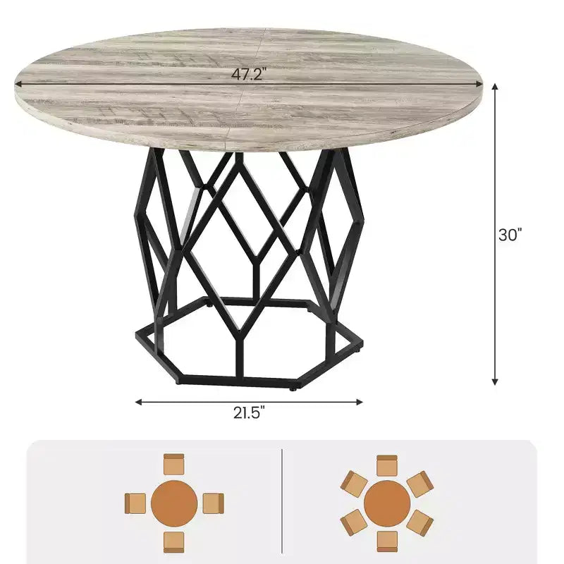 Table à manger ronde pour 4-6 personnes, table de cuisine de ferme de 47 pouces, table à dîner ronde moderne avec base robuste, table en bois industrielle pour la cuisine