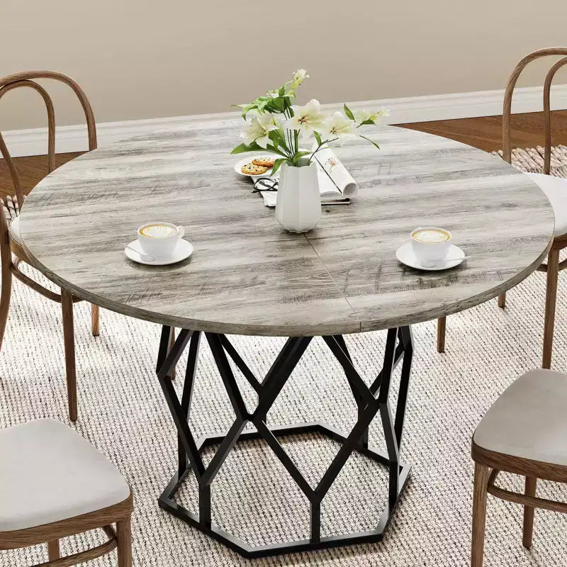 Table à manger ronde pour 4-6 personnes, table de cuisine de ferme de 47 pouces, table à dîner ronde moderne avec base robuste, table en bois industrielle pour la cuisine
