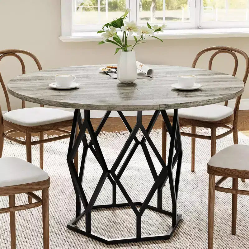 Table à manger ronde pour 4-6 personnes, table de cuisine de ferme de 47 pouces, table à dîner ronde moderne avec base robuste, table en bois industrielle pour la cuisine