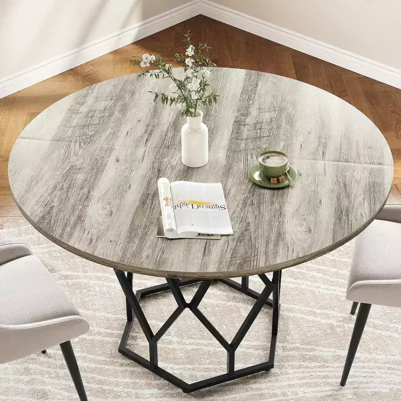 Table à manger ronde pour 4-6 personnes, table de cuisine de ferme de 47 pouces, table à dîner ronde moderne avec base robuste, table en bois industrielle pour la cuisine