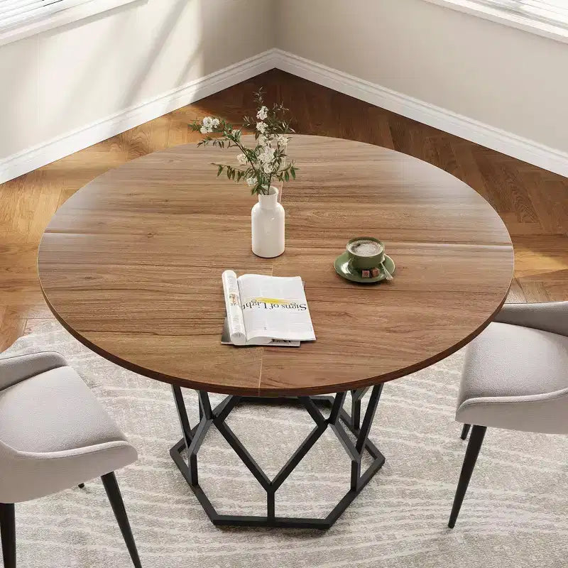 Table à manger ronde pour 4-6 personnes, table de cuisine de ferme de 47 pouces, table à dîner ronde moderne avec base robuste, table en bois industrielle pour la cuisine