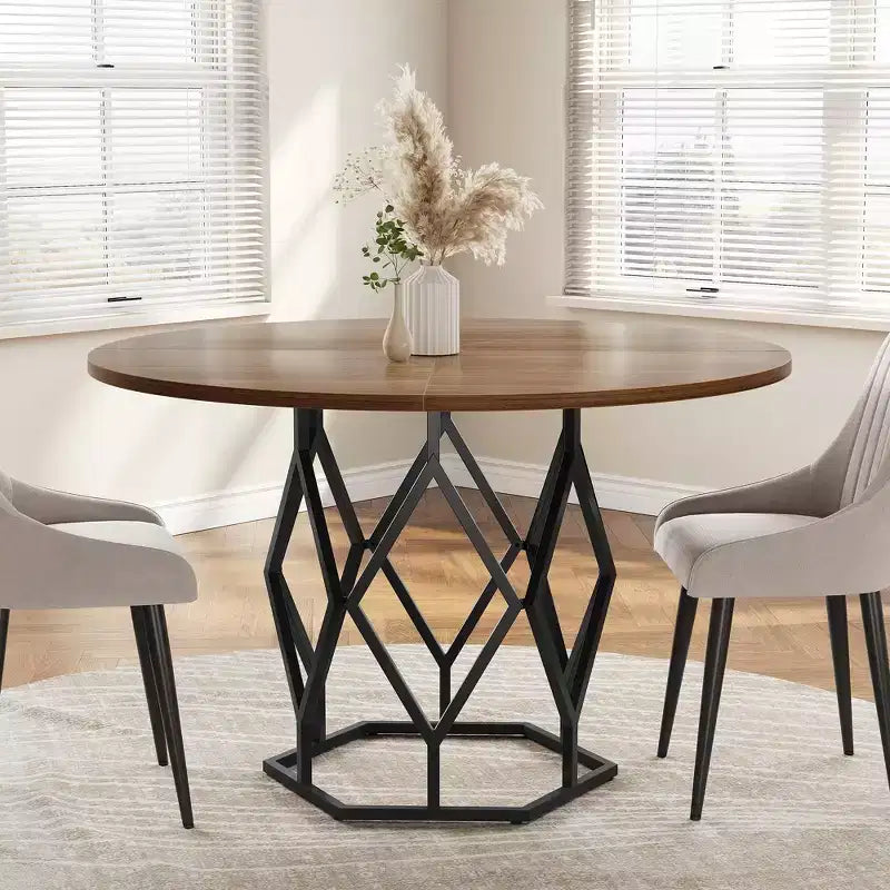 Table à manger ronde pour 4-6 personnes, table de cuisine de ferme de 47 pouces, table à dîner ronde moderne avec base robuste, table en bois industrielle pour la cuisine