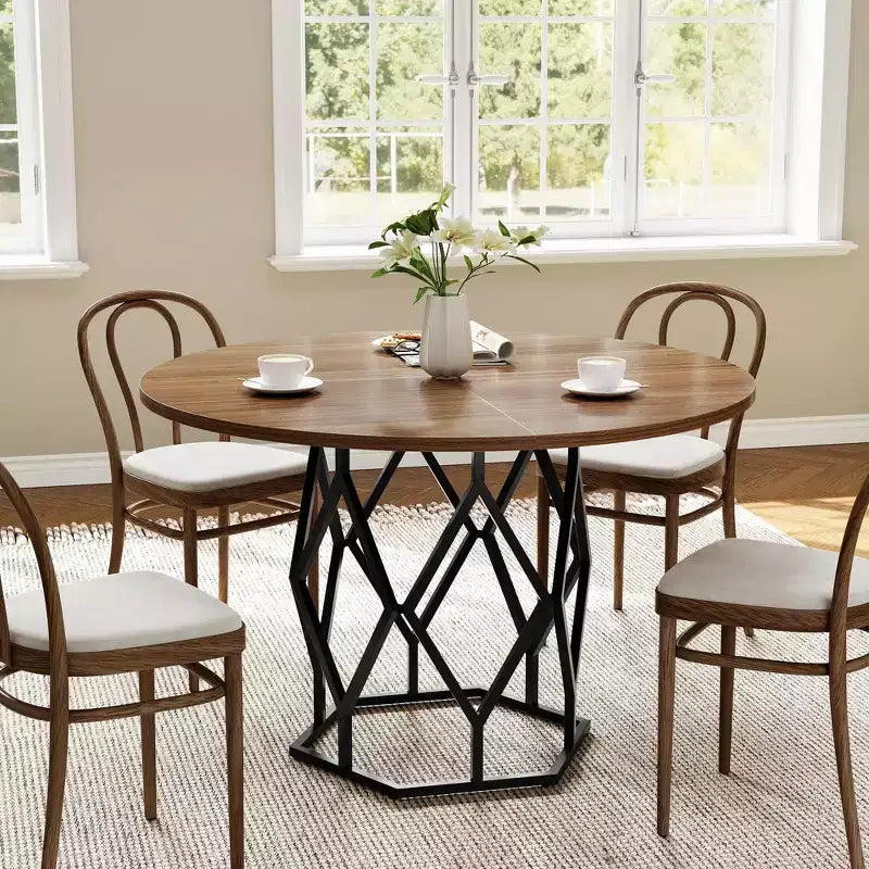 Table à manger ronde pour 4-6 personnes, table de cuisine de ferme de 47 pouces, table à dîner ronde moderne avec base robuste, table en bois industrielle pour la cuisine