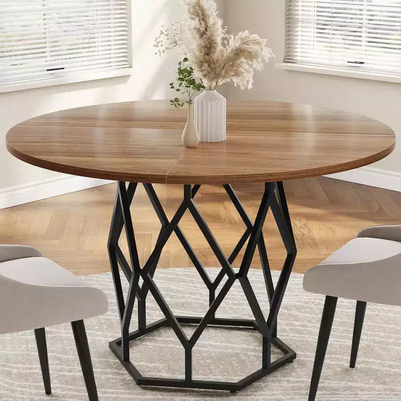 Round Dining Table for 4-6 People, 47 Inch Farmhouse Kitchen Table, Modern Circle Dinner Table with Sturdy Base, Industrial Wood Table for Kitchen