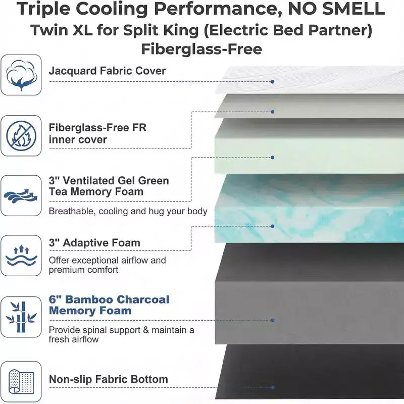 Matelas en mousse à mémoire de forme Twin XL de 12 à 14 pouces, matelas ferme en gel rafraîchissant haut de gamme au thé vert, housse amovible sans fibre de verre, respirant et offrant un bon soutien