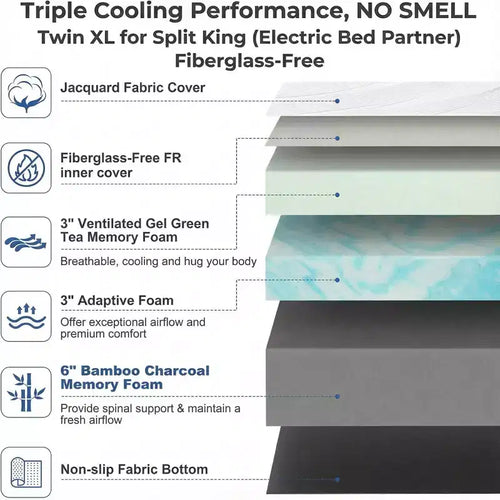 12-14 Inch Twin XL Size Memory Foam Mattress, Premium Firm Cooling Gel Green Tea Bed, Fiberglass-Free Removable Cover, Breathable & Support
