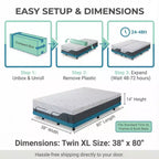 Matelas en mousse à mémoire de forme Twin XL de 12 à 14 pouces, matelas ferme en gel rafraîchissant haut de gamme au thé vert, housse amovible sans fibre de verre, respirant et offrant un bon soutien
