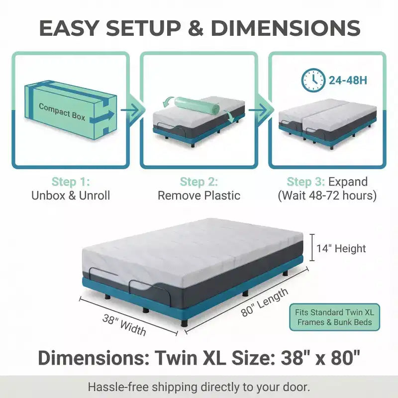 Matelas en mousse à mémoire de forme Twin XL de 12 à 14 pouces, matelas ferme en gel rafraîchissant haut de gamme au thé vert, housse amovible sans fibre de verre, respirant et offrant un bon soutien