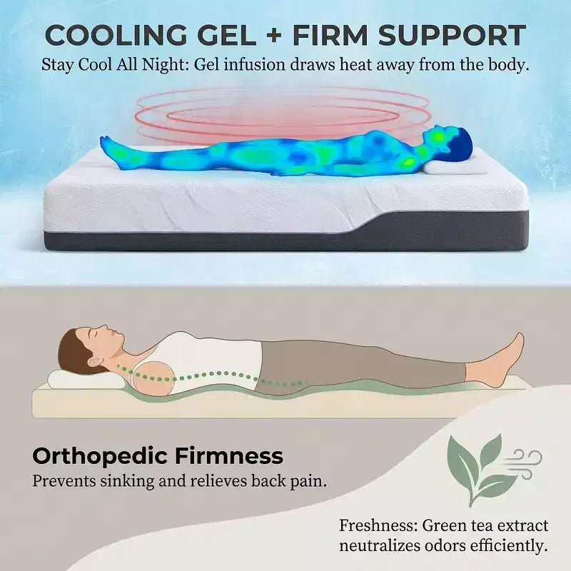 Matelas en mousse à mémoire de forme Twin XL de 12 à 14 pouces, matelas ferme en gel rafraîchissant haut de gamme au thé vert, housse amovible sans fibre de verre, respirant et offrant un bon soutien
