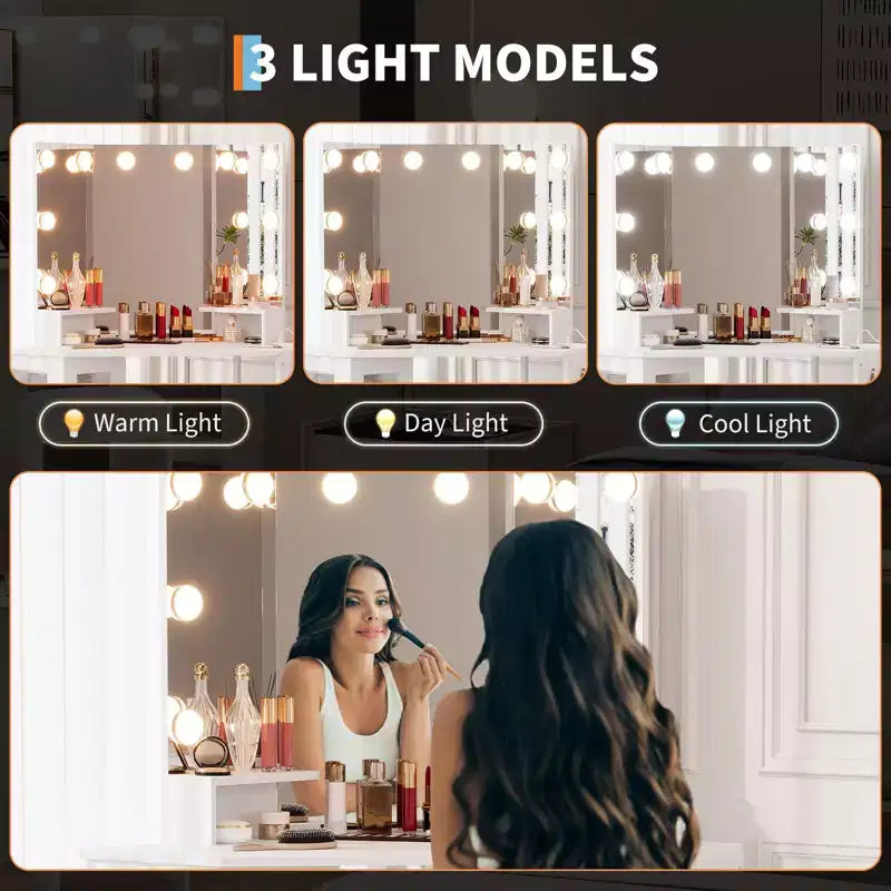 Miroir de coiffeuse d'angle, miroir à 3 volets avec 3 modes d'éclairage, miroir de maquillage pour chambre et studio, miroir de courtoisie éclairé à trois volets
