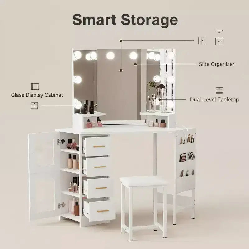 Miroir de coiffeuse d'angle, miroir à 3 volets avec 3 modes d'éclairage, miroir de maquillage pour chambre et studio, miroir de courtoisie éclairé à trois volets