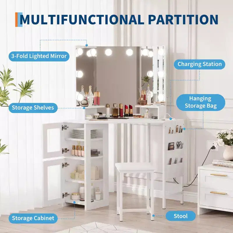Miroir de coiffeuse d'angle, miroir à 3 volets avec 3 modes d'éclairage, miroir de maquillage pour chambre et studio, miroir de courtoisie éclairé à trois volets