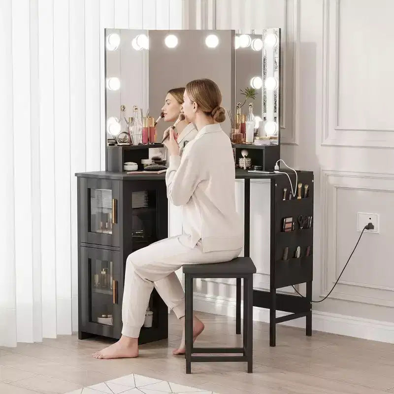 Miroir de coiffeuse d'angle, miroir à 3 volets avec 3 modes d'éclairage, miroir de maquillage pour chambre et studio, miroir de courtoisie éclairé à trois volets