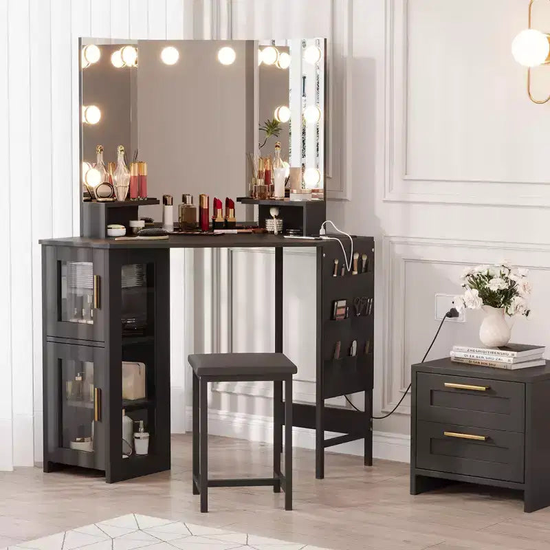 Miroir de coiffeuse d'angle, miroir à 3 volets avec 3 modes d'éclairage, miroir de maquillage pour chambre et studio, miroir de courtoisie éclairé à trois volets