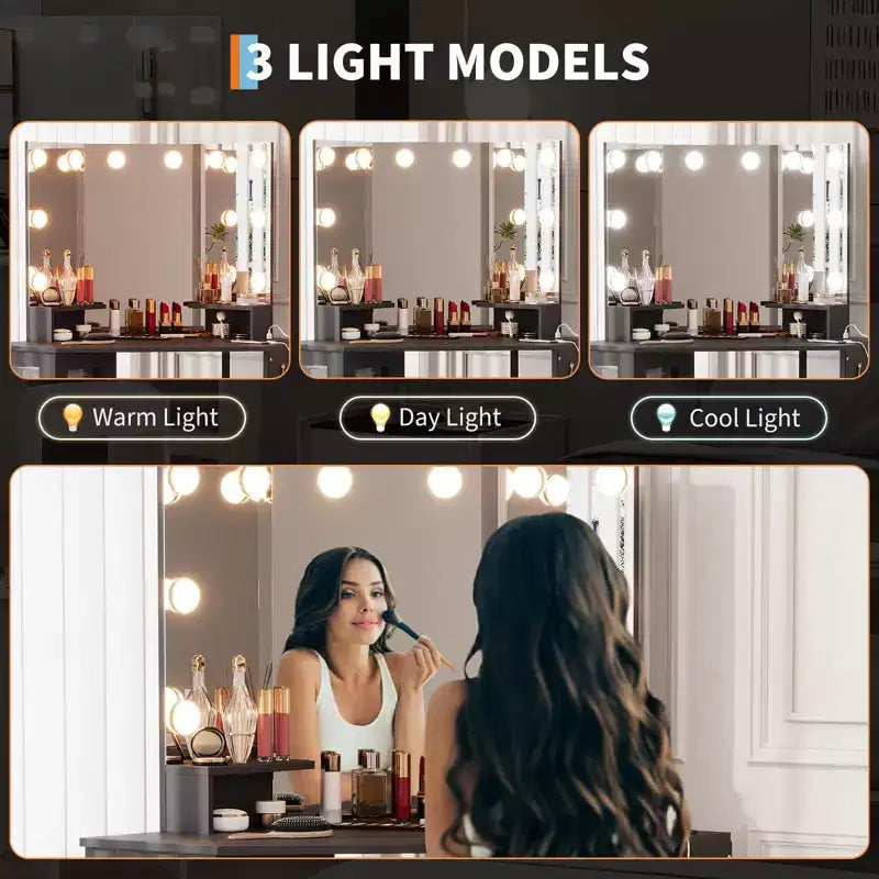 Miroir de coiffeuse d'angle, miroir à 3 volets avec 3 modes d'éclairage, miroir de maquillage pour chambre et studio, miroir de courtoisie éclairé à trois volets