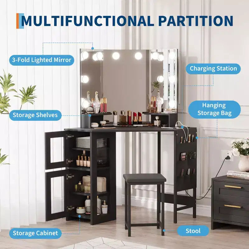 Miroir de coiffeuse d'angle, miroir à 3 volets avec 3 modes d'éclairage, miroir de maquillage pour chambre et studio, miroir de courtoisie éclairé à trois volets