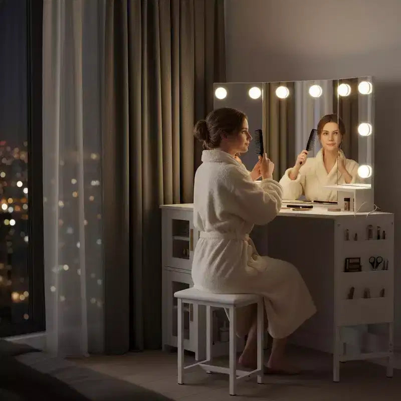 Miroir de coiffeuse d'angle, miroir à 3 volets avec 3 modes d'éclairage, miroir de maquillage pour chambre et studio, miroir de courtoisie éclairé à trois volets