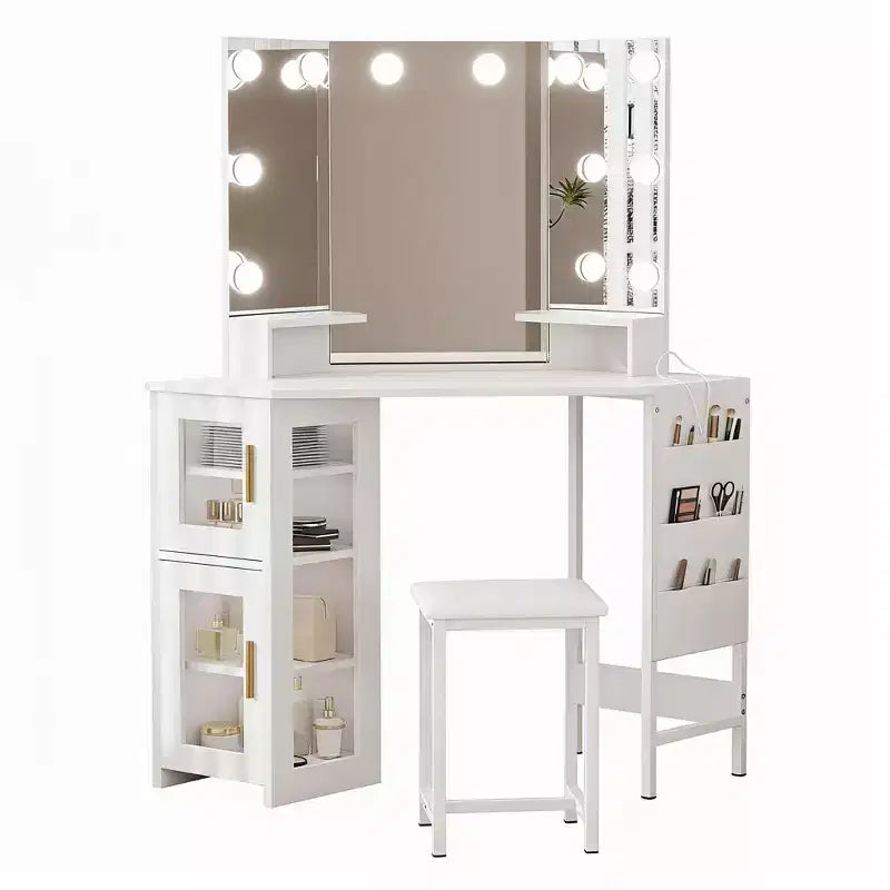 Miroir de coiffeuse d'angle, miroir à 3 volets avec 3 modes d'éclairage, miroir de maquillage pour chambre et studio, miroir de courtoisie éclairé à trois volets