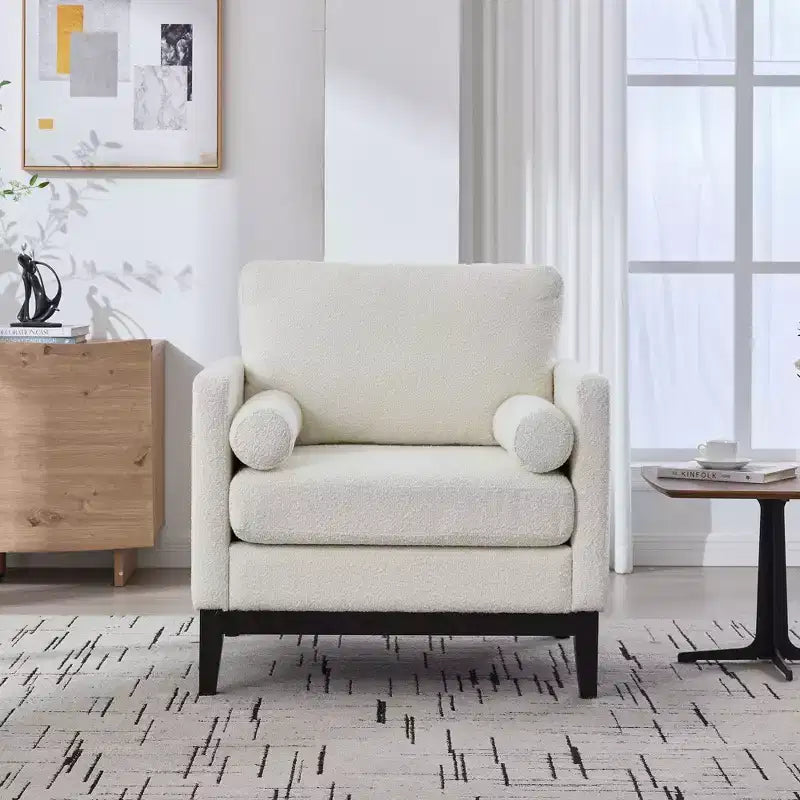 Fauteuil d'appoint, Fauteuil capitonné en Bouclette avec 2 Coussins Traversins, Pieds en Bois Naturel, Assise à Ressorts Ensachés, Fauteuil de Salon pour Bureau, Salon