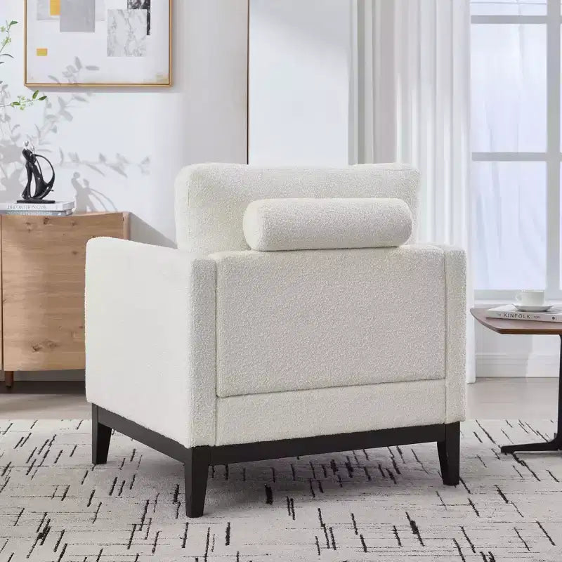 Fauteuil d'appoint, Fauteuil capitonné en Bouclette avec 2 Coussins Traversins, Pieds en Bois Naturel, Assise à Ressorts Ensachés, Fauteuil de Salon pour Bureau, Salon