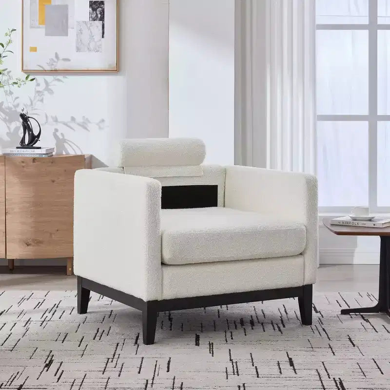 Fauteuil d'appoint, Fauteuil capitonné en Bouclette avec 2 Coussins Traversins, Pieds en Bois Naturel, Assise à Ressorts Ensachés, Fauteuil de Salon pour Bureau, Salon