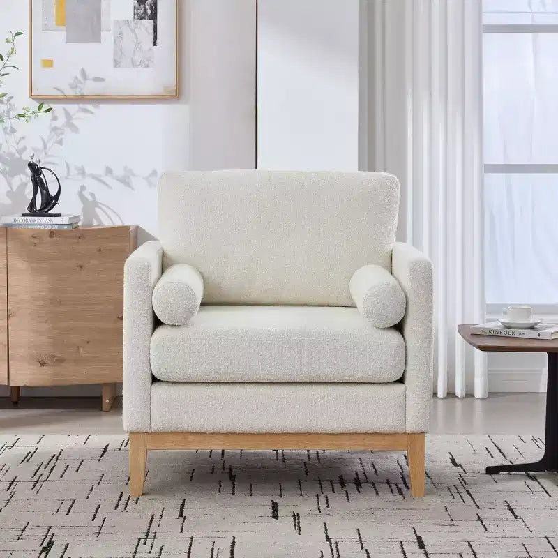 Fauteuil d'appoint, Fauteuil capitonné en Bouclette avec 2 Coussins Traversins, Pieds en Bois Naturel, Assise à Ressorts Ensachés, Fauteuil de Salon pour Bureau, Salon