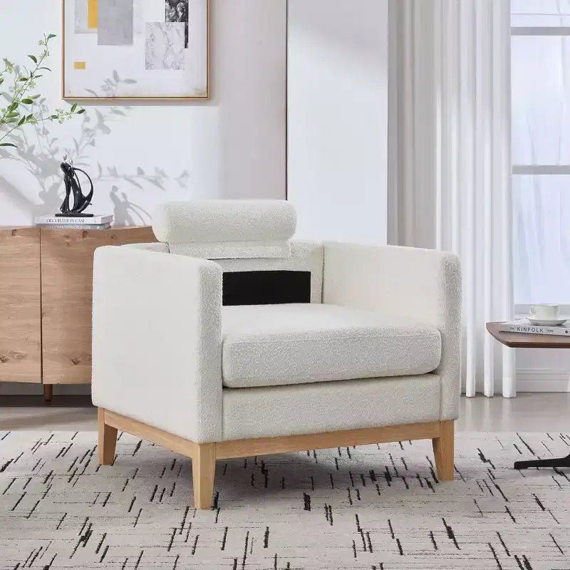 Fauteuil d'appoint, Fauteuil capitonné en Bouclette avec 2 Coussins Traversins, Pieds en Bois Naturel, Assise à Ressorts Ensachés, Fauteuil de Salon pour Bureau, Salon