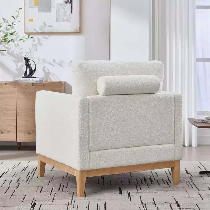 Fauteuil d'appoint, Fauteuil capitonné en Bouclette avec 2 Coussins Traversins, Pieds en Bois Naturel, Assise à Ressorts Ensachés, Fauteuil de Salon pour Bureau, Salon
