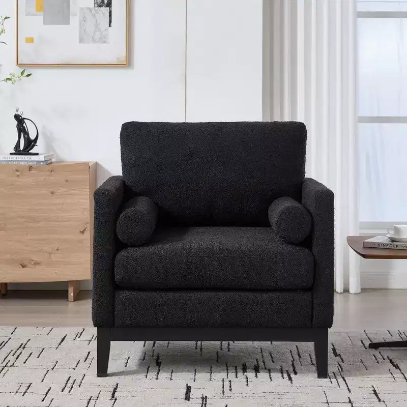 Fauteuil d'appoint, Fauteuil capitonné en Bouclette avec 2 Coussins Traversins, Pieds en Bois Naturel, Assise à Ressorts Ensachés, Fauteuil de Salon pour Bureau, Salon