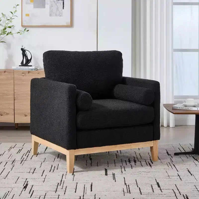 Fauteuil d'appoint, Fauteuil capitonné en Bouclette avec 2 Coussins Traversins, Pieds en Bois Naturel, Assise à Ressorts Ensachés, Fauteuil de Salon pour Bureau, Salon