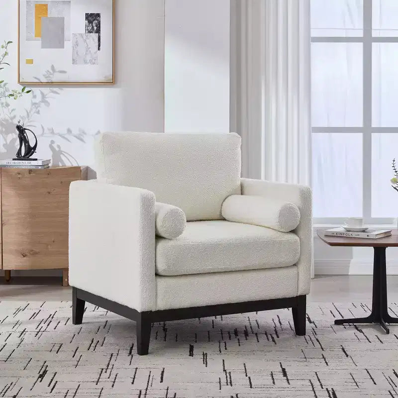 Fauteuil d'appoint, Fauteuil capitonné en Bouclette avec 2 Coussins Traversins, Pieds en Bois Naturel, Assise à Ressorts Ensachés, Fauteuil de Salon pour Bureau, Salon