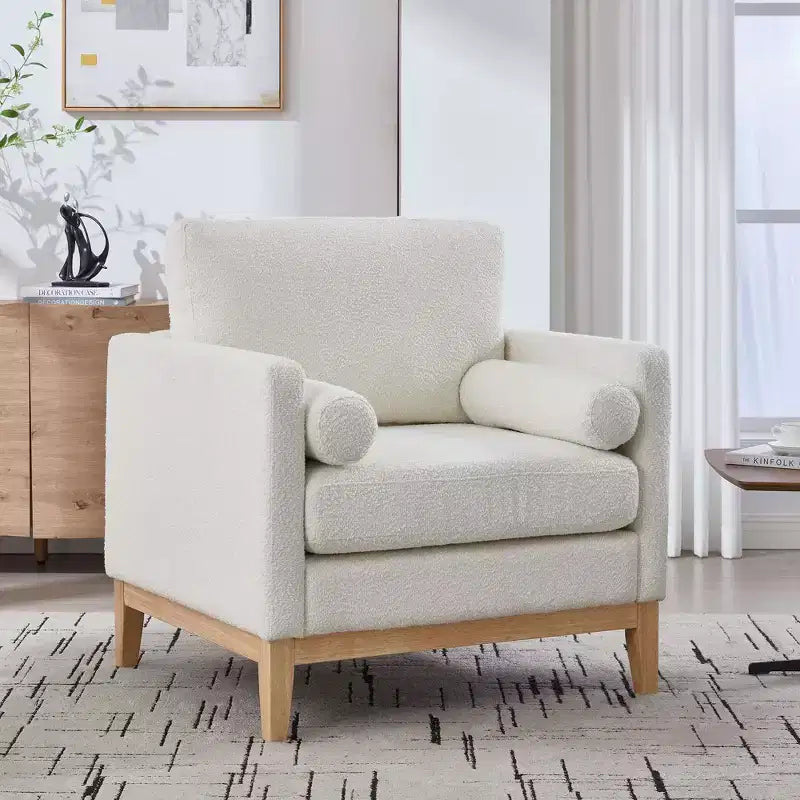 TUYOHW Accent Chair,Boucle Upholstered Armchair with 2 Bolster Pillows,Natural Wood Legs,Pocket Spring Seat,Lounge Chair for Living Room,Office