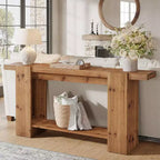 Console de salon 2 niveaux en bois massif, table d'entrée de style ferme de 160 cm pour salon, couloir, hall d'entrée