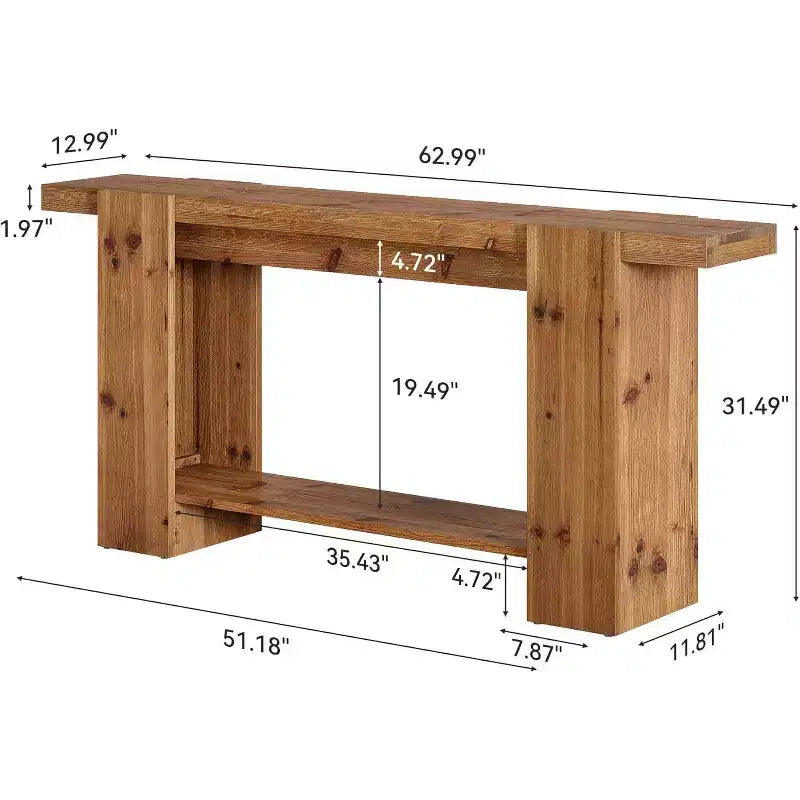 Console de salon 2 niveaux en bois massif, table d'entrée de style ferme de 160 cm pour salon, couloir, hall d'entrée